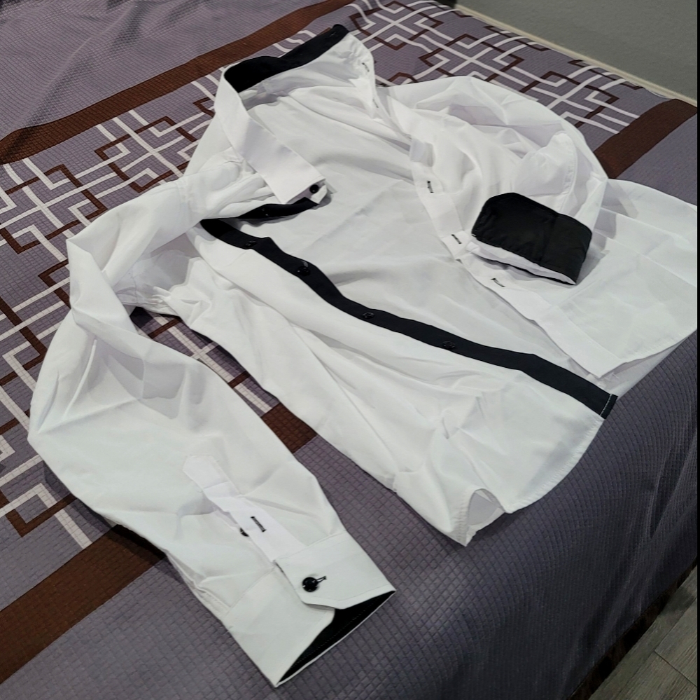 White and black men's button up shirt